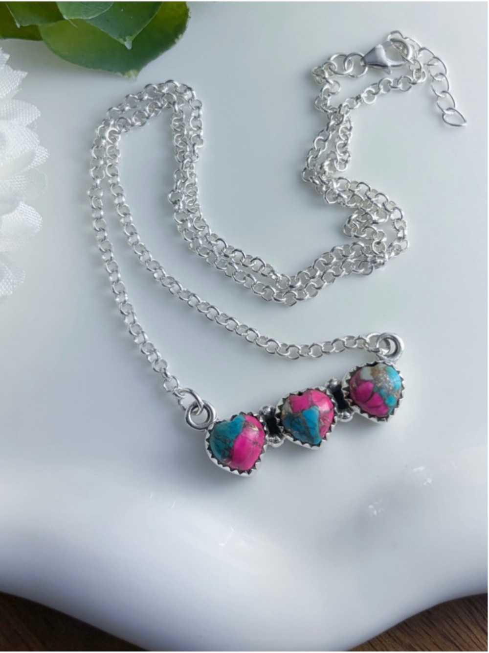 Pure Sterling Silver 925 Pink Dahlia Copper Turquoise Three Heart Necklace New